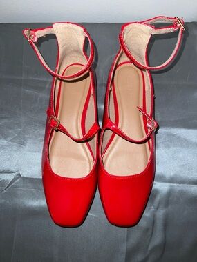 Old Navy Red Patent Ankle-Strap Square-Toe Flats with Dual Straps